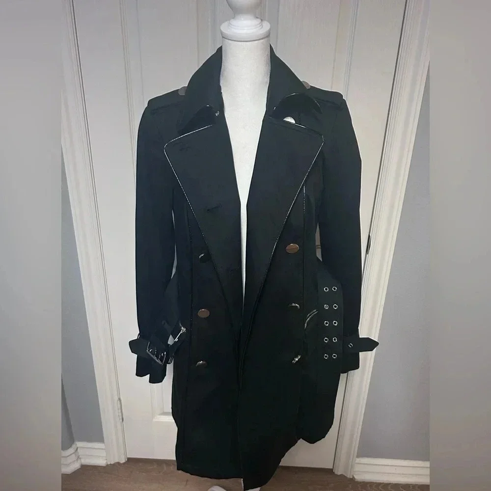 🖤”Guess” Women’s Black Mid Length Military Style Belted Jacket Size XS💛 - Picture 3 of 16